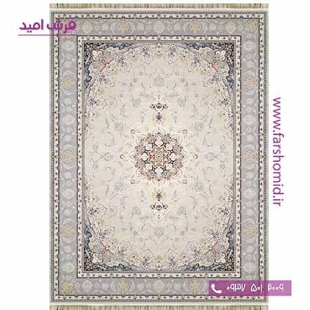 فرش ماشینی 700 شانه کلکسیون آوازه افشان اصفهون بژ حاشیه نقره ای فرش سورنا