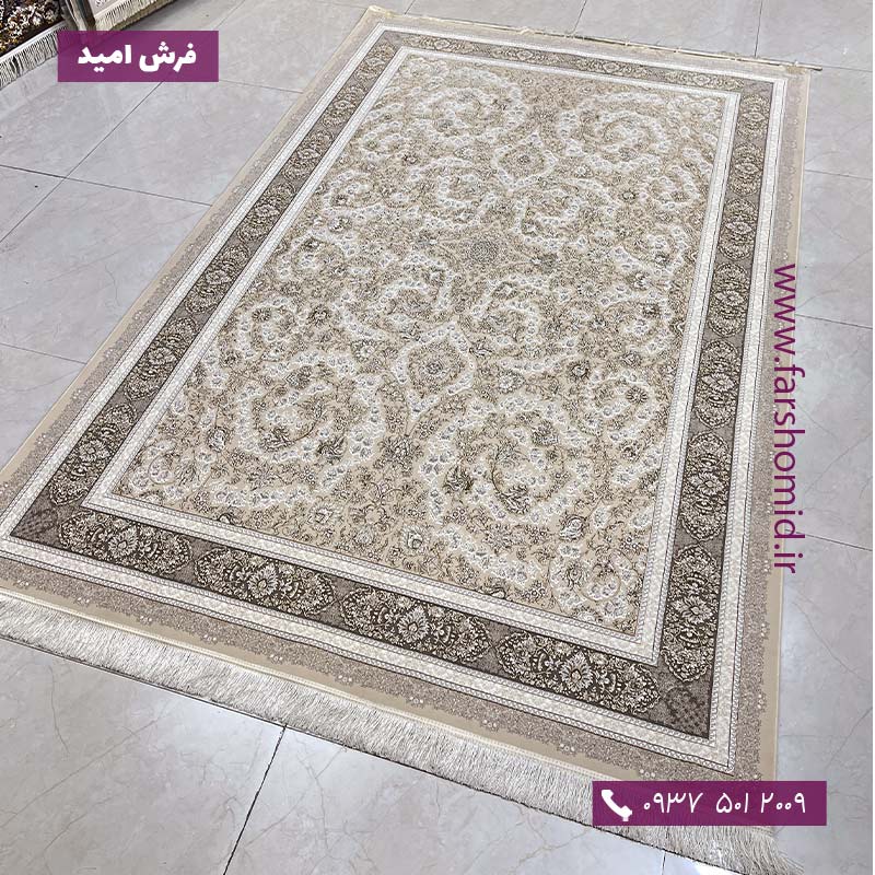 فرش ماشینی 1200 شانه گلبرجسته افشان گلریز کرم صدفی خاطره کویر کاشان