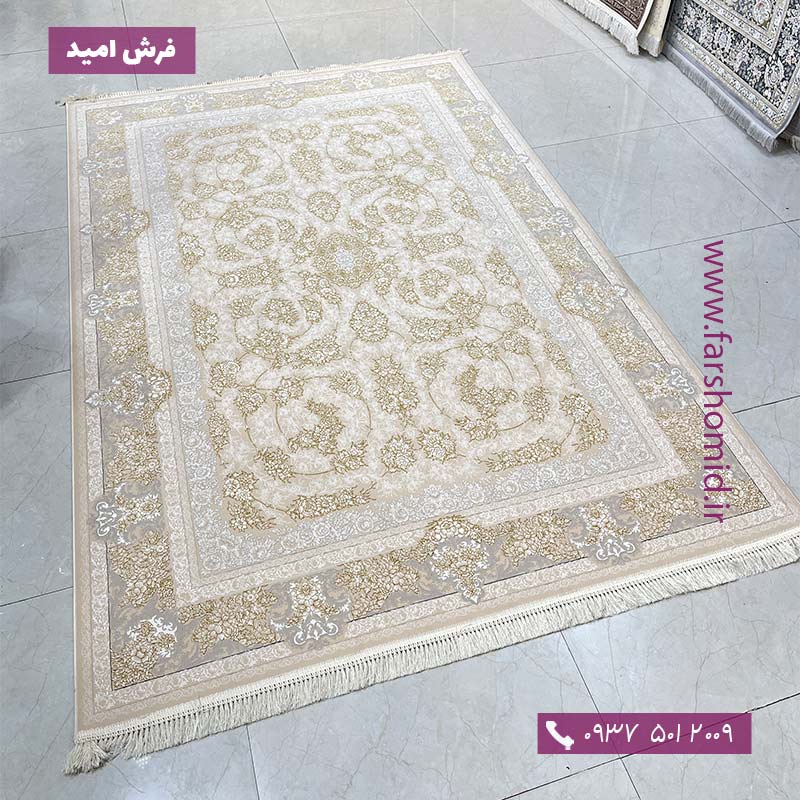 فرش ماشینی 1200 شانه گلبرجسته افشان یاس کرم فرش ایده آل