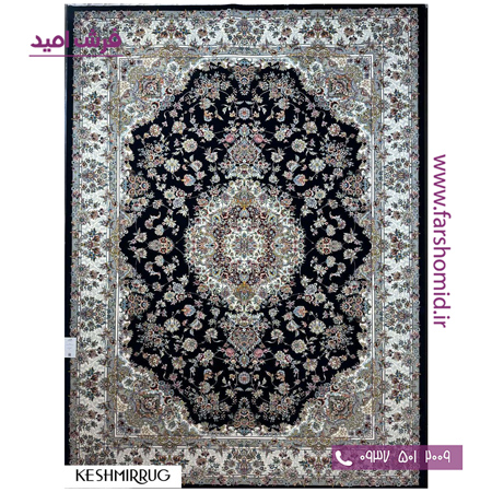 فرش ماشینی 700 شانه ۸ رنگ اصل گل آذین سرمه ای حاشیه کرم قالی کشمیر