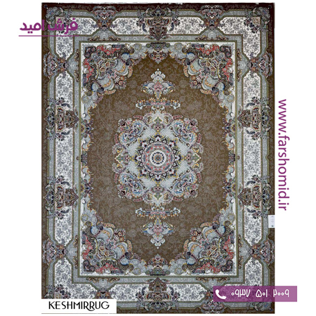 فرش ماشینی 700 شانه ۸ رنگ اصل شادکام گردویی حاشیه کرم قالی کشمیر