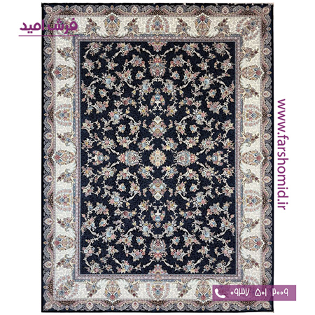 فرش ماشینی 700 شانه ۸ رنگ اصل ارسلان افشان سرمه ای حاشیه کرم قالی کشمیر