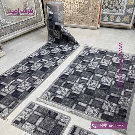 فرش کناره و گلیم پله طرح خشتی طوسی کد 125 گلیم وندا
