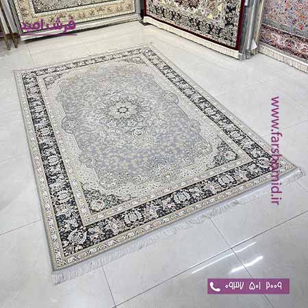 فرش ماشینی 1200 شانه گلستان نقره ای حاشیه مشکی فرش وندا