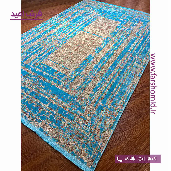 فرش ماشینی با الیاف طبیعی بامبو 1200 شانه هیستوریا کد m02f رنگ فیروزه ای فرش اکسیر