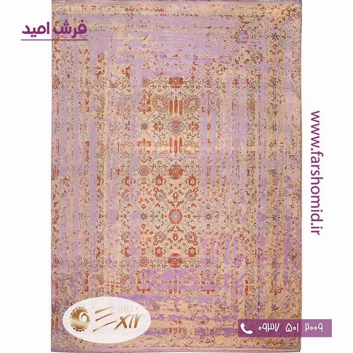 فرش ماشینی با الیاف طبیعی بامبو 1200 شانه هیستوریا کد m02l رنگ یاسی فرش اکسیر