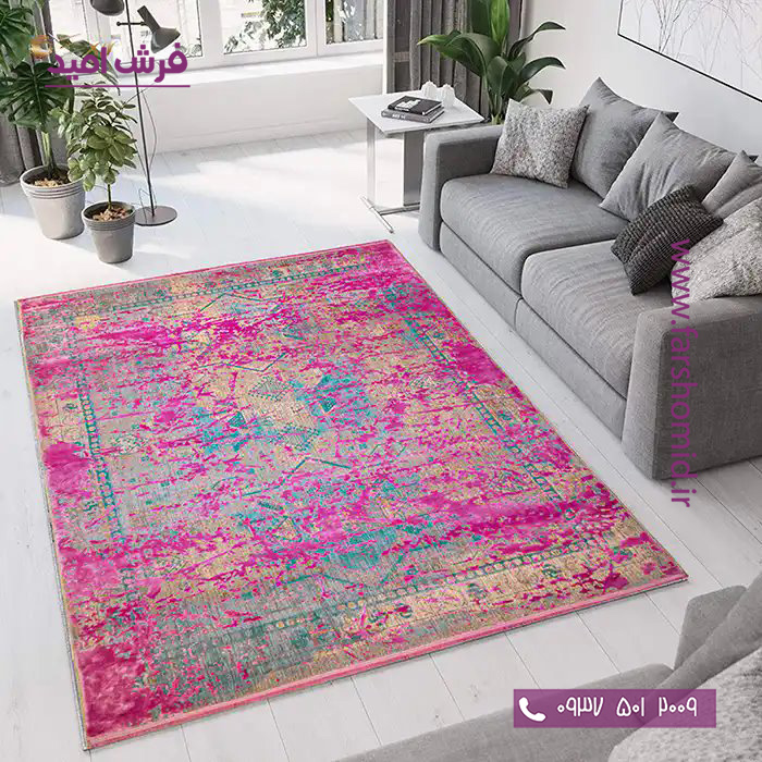 فرش ماشینی با الیاف طبیعی بامبو 1200 شانه هیستوریا کد m04p رنگ صورتی فرش اکسیر