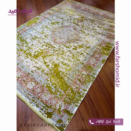 فرش ماشینی با الیاف طبیعی بامبو 1200 شانه هیستوریا کد m05ol رنگ زیتونی فرش اکسیر