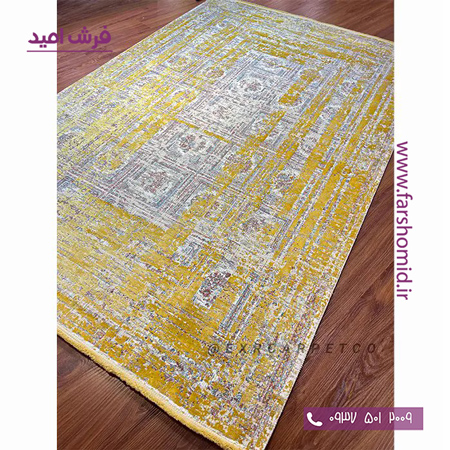 فرش ماشینی با الیاف طبیعی بامبو 1200 شانه هیستوریا کد m06g رنگ طلایی فرش اکسیر