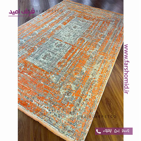 فرش ماشینی با الیاف طبیعی بامبو 1200 شانه هیستوریا کد m06or رنگ پرتغالی فرش اکسیر