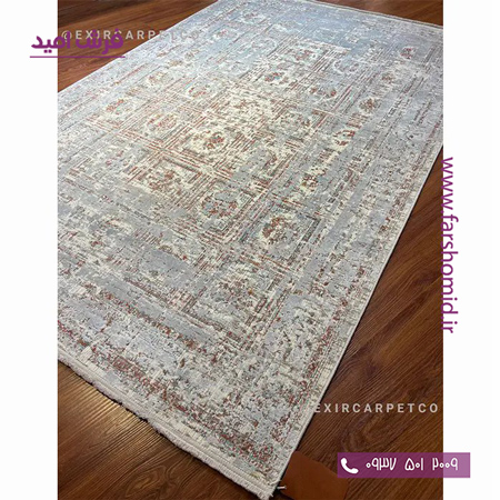 فرش ماشینی با الیاف طبیعی بامبو 1200 شانه هیستوریا کد m06s رنگ سیلور فرش اکسیر