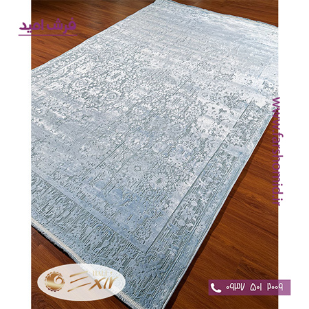 فرش ماشینی با الیاف طبیعی بامبو 1200 شانه هیستوریا کد m53b رنگ آبی فرش اکسیر
