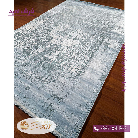 فرش ماشینی با الیاف طبیعی بامبو 1200 شانه هیستوریا کد m56b رنگ آبی فرش اکسیر