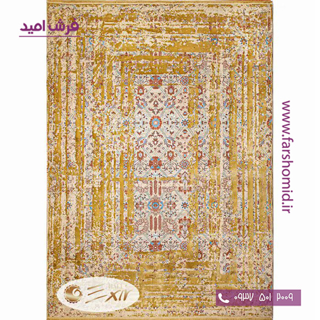 فرش ماشینی با الیاف طبیعی بامبو 1200 شانه هیستوریا کد m02g رنگ طلایی فرش اکسیر