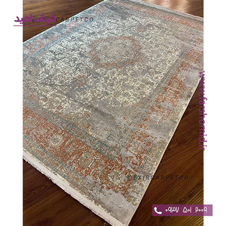 فرش ماشینی با الیاف طبیعی بامبو 1200 شانه هیستوریا کد m05s رنگ سیلور فرش اکسیر