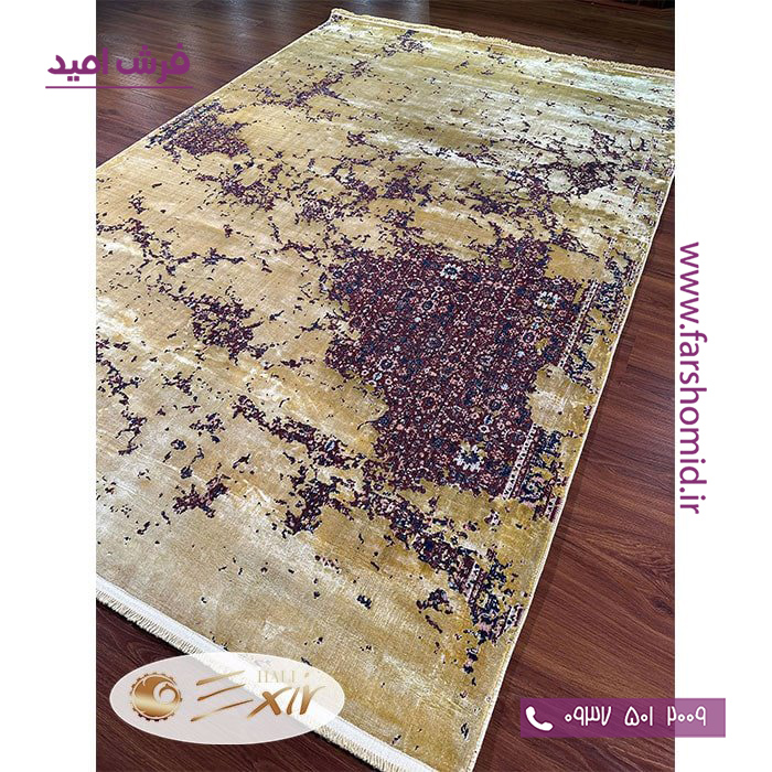فرش ماشینی با الیاف طبیعی بامبو 1200 شانه هیستوریا کد m12g رنگ طلایی فرش اکسیر