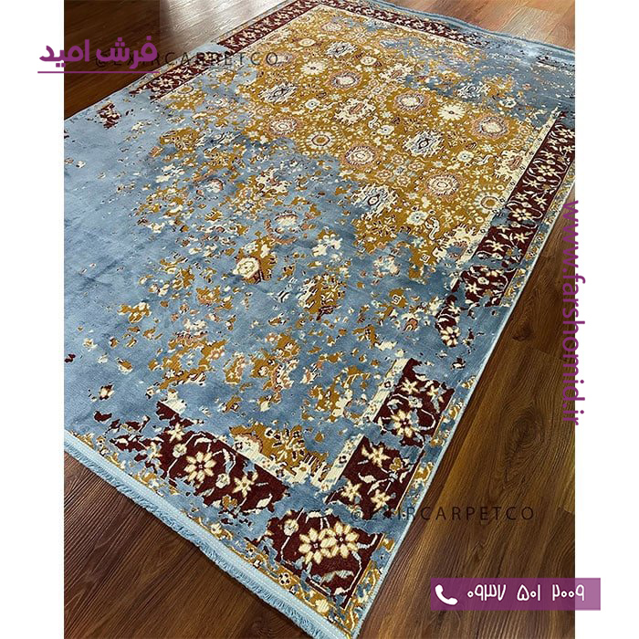 فرش ماشینی با الیاف طبیعی بامبو 1200 شانه هیستوریا کد m13b رنگ آبی فرش اکسیر