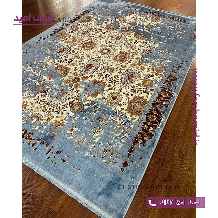 فرش ماشینی با الیاف طبیعی بامبو 1200 شانه هیستوریا کد m15b رنگ آبی فرش اکسیر