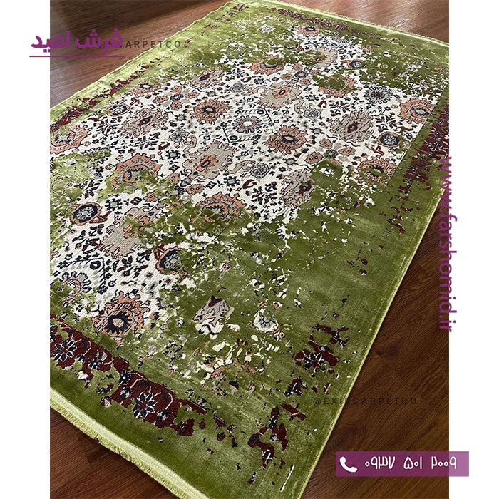 فرش ماشینی با الیاف طبیعی بامبو 1200 شانه هیستوریا کد m15gr رنگ سبز فرش اکسیر