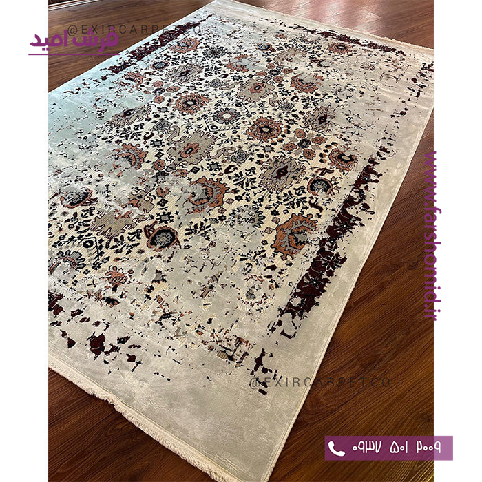 فرش ماشینی با الیاف طبیعی بامبو 1200 شانه هیستوریا کد m15s رنگ سیلور فرش اکسیر