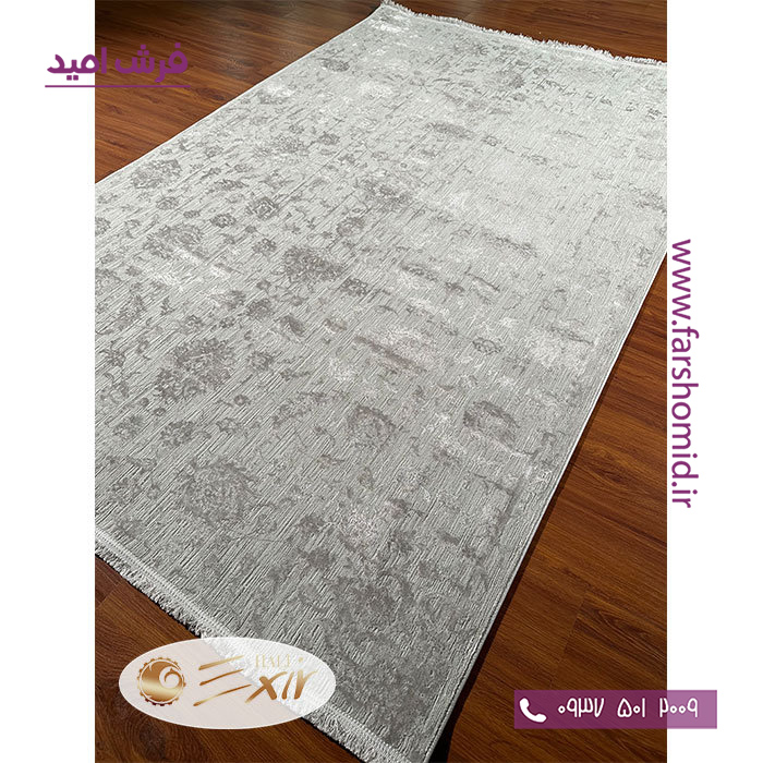 فرش ماشینی با الیاف طبیعی بامبو 1200 شانه هیستوریا کد m18s رنگ سیلور فرش اکسیر