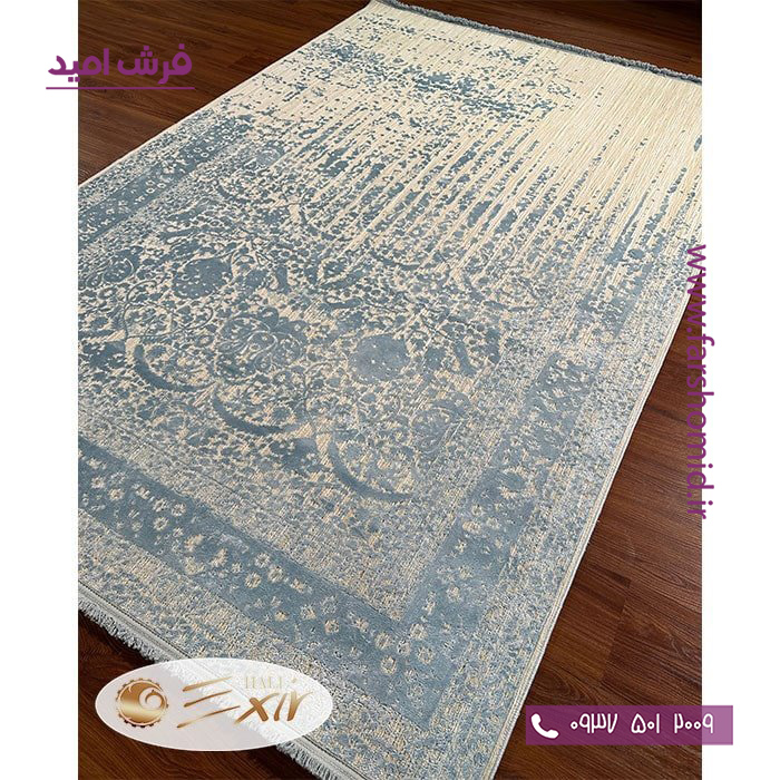 فرش ماشینی با الیاف طبیعی بامبو 1200 شانه هیستوریا کد m57cb رنگ کرم آبی فرش اکسیر