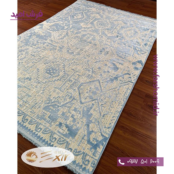 فرش ماشینی با الیاف طبیعی بامبو 1200 شانه هیستوریا کد m55cb رنگ کرم آبی فرش اکسیر