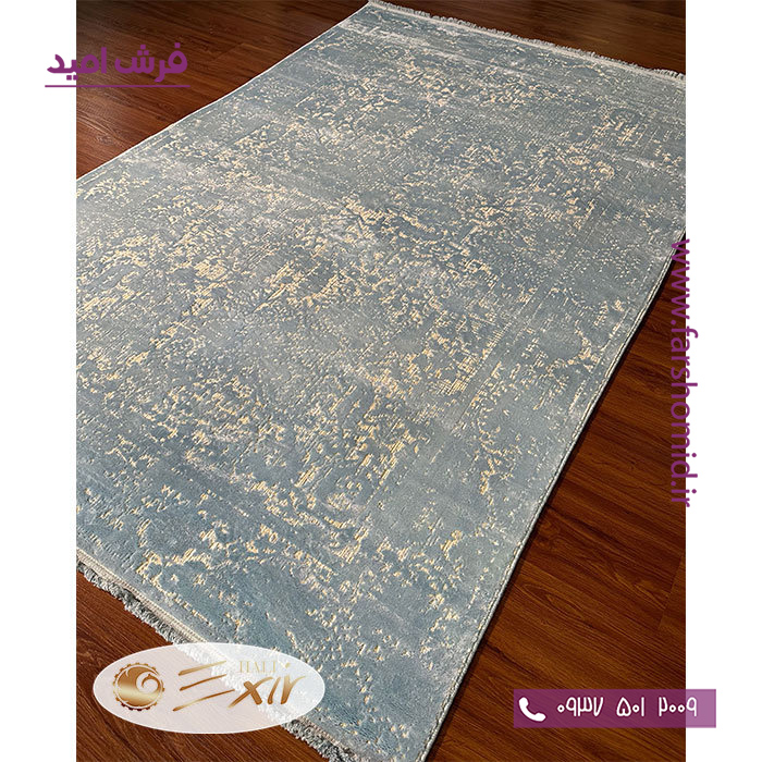 فرش ماشینی با الیاف طبیعی بامبو 1200 شانه هیستوریا کد m51cb رنگ کرم آبی فرش اکسیر