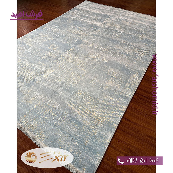 فرش ماشینی با الیاف طبیعی بامبو 1200 شانه هیستوریا کد m52cb رنگ کرم آبی فرش اکسیر