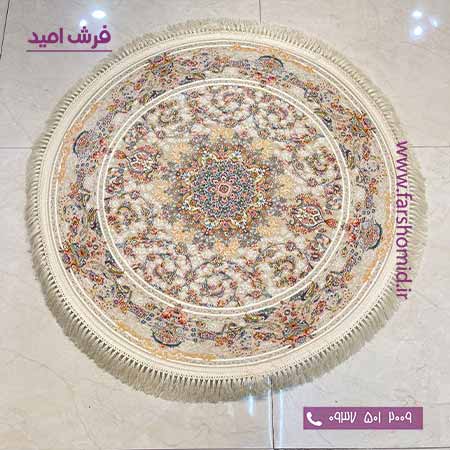 فرش ماشینی 1200 شانه گلبرجسته گرد قطر ۱ متر صدف نقره ای فرش ملل