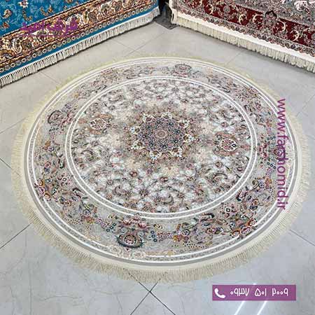 فرش ماشینی 1200 شانه گلبرجسته گرد قطر ۲ متر صدف نقره ای فرش ملل
