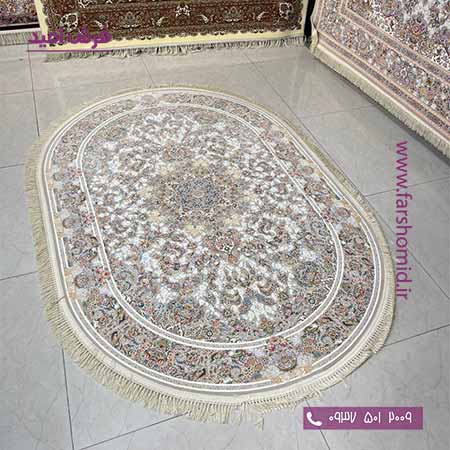 فرش ماشینی 1200 شانه گلبرجسته بیضی 1.5 در 2.25 صدف نقره ای فرش ملل