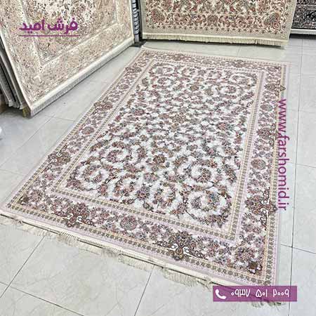 فرش ماشینی 1200 شانه گلبرجسته گل سرخ کرم نقره ای قالی سلیمان