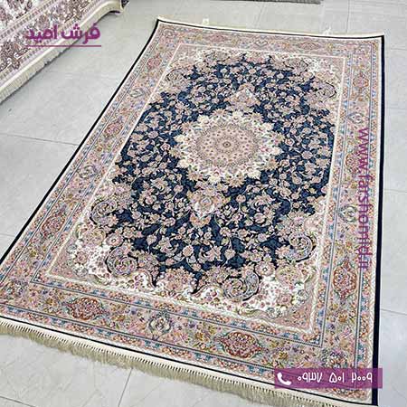 فرش ماشینی 1200 شانه گلبرجسته اولیا تبریز سرمه ای قالی سلیمان