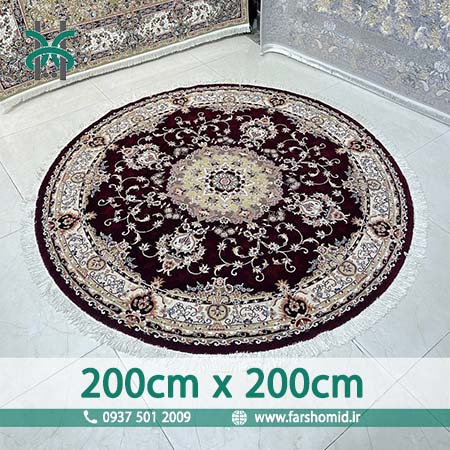 فرش ماشینی 500 شانه گرد قطر ۲ متر گلدانی زرشکی فرش هستی