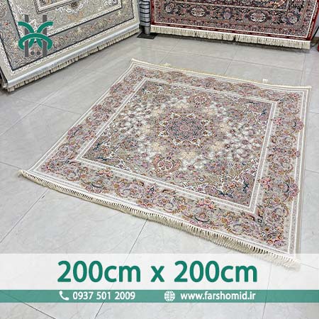 فرش ماشینی 1200 شانه گلبرجسته مربع 2 متر در ۲ متر صدف نقره ای کلکسیون خطیبی فرش ملل افشون