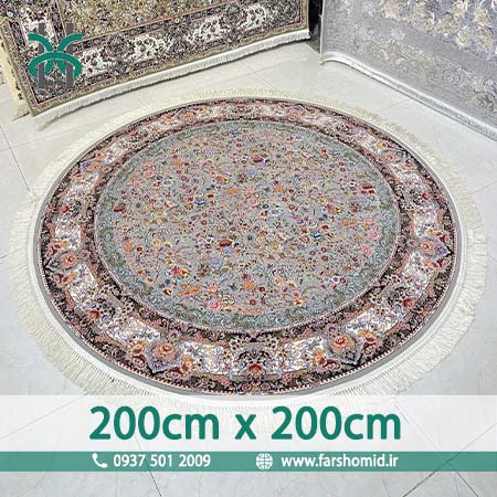 فرش ماشینی 1200 شانه گرد قطر 2 متر 8 رنگ گل افشان باغ گل طوسی الماسی قالی کشمیر