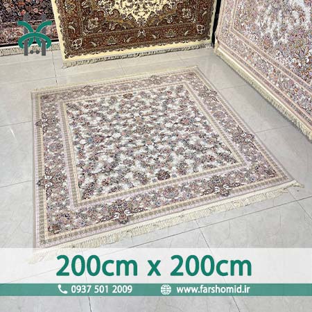 فرش ماشینی 1200 شانه گلبرجسته مربع 2 متر در ۲ متر افشان کرم آیسو نقره ای کلکسیون خطیبی قالی سلیمان