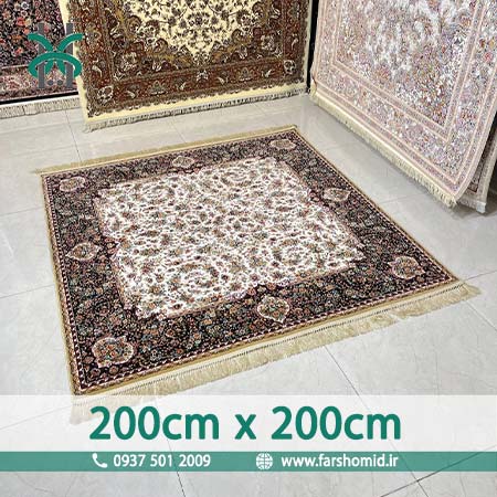 فرش ماشینی 1200 شانه گلبرجسته مربع 2 متر در ۲ متر افشان گلفرنگ کرم فرش محتشم