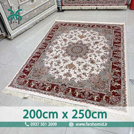 فرش ماشینی 1200 شانه 8 رنگ سایز سفارشی 200در250 فردوس کرم حاشیه لاکی قالی کشمیر