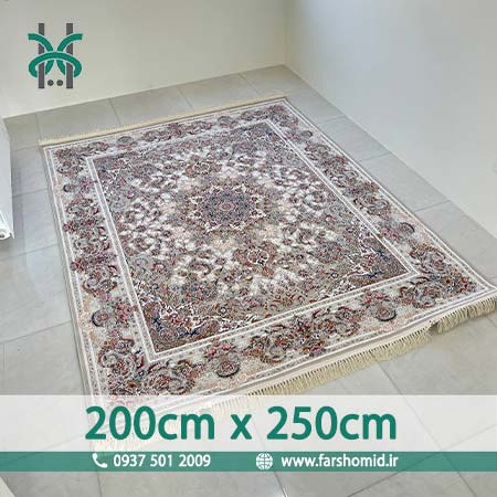 فرش ماشینی 1200 شانه گلبرجسته سایز سفارشی 200در250 صدف نقره ای کلکسیون خطیبی فرش ملل افشون