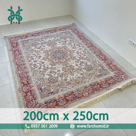 فرش ماشینی 1200 شانه گلبرجسته سایز سفارشی 200در250 صدف کرم حاشیه پیازی کلکسیون خطیبی فرش ملل افشون