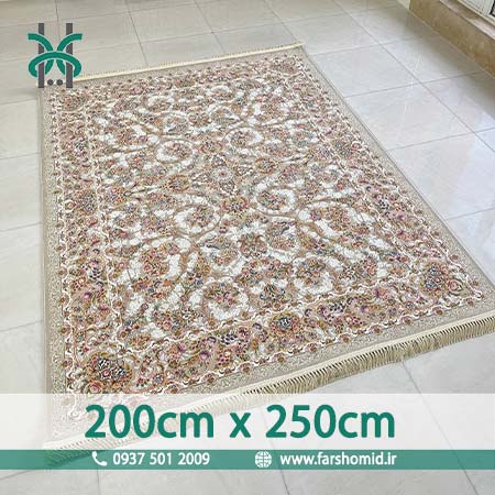 فرش ماشینی 1200 شانه گلبرجسته سایز سفارشی 200در250 گل افشان شاهکار نقره ای فرش ملل