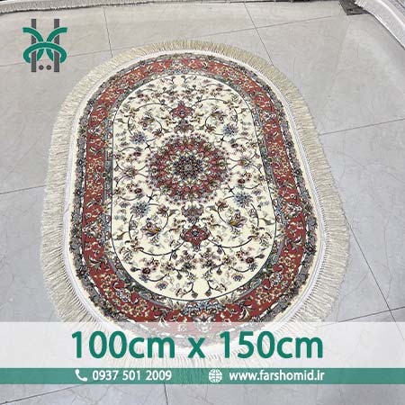فرش ماشینی 700 شانه بیضی 100در150 سانتیمتر ۸ رنگ اصل ایلیا کرم حاشیه گلبهی قالی کشمیر