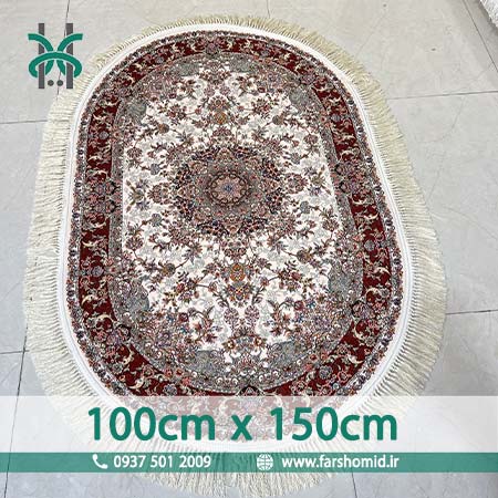فرش ماشینی 1200 شانه 8 رنگ بیضی 100در150 فردوس کرم حاشیه لاکی قالی کشمیر