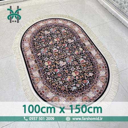 فرش ماشینی 1200 شانه 8 رنگ بیضی 100در150 گل افشان باغ گل مشکی قالی کشمیر