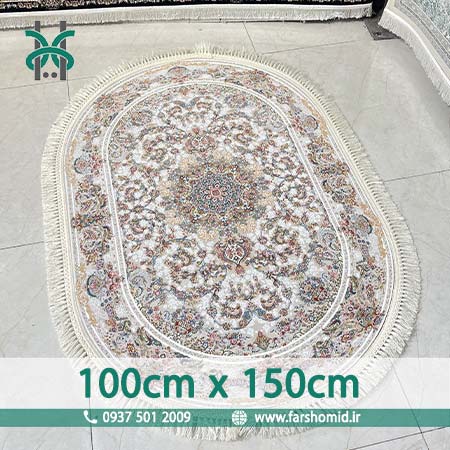 فرش ماشینی 1200 شانه گلبرجسته بیضی 100در150 صدف نقره ای فرش ملل