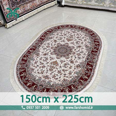 فرش ماشینی 1200 شانه 8 رنگ بیضی 150 سانتیمتر در 225  سانتیمتر فردوس کرم حاشیه لاکی قالی کشمیر