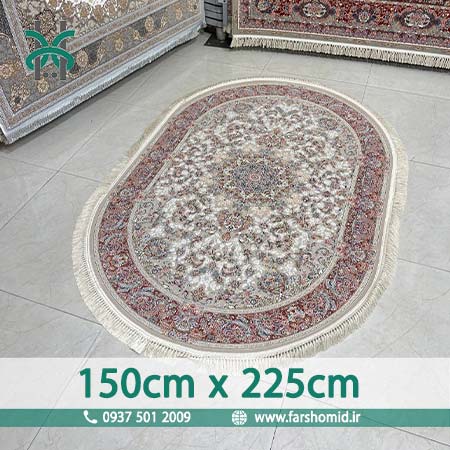 فرش ماشینی 1200 شانه گلبرجسته بیضی 150در225 صدف نقره ای حاشیه پیازی فرش ملل