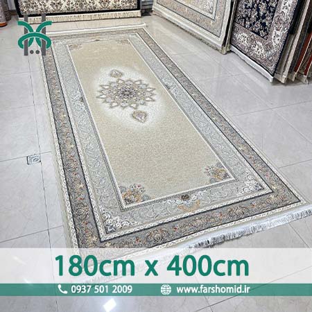 فرش ماشینی 1000 شانه سایز سفارشی 180 سانتیمتر در 4 متر سلین صدفی ( کرم طلایی ) فرش سورنا